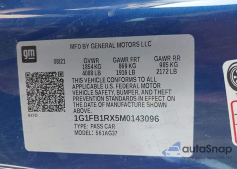 2021 Chevrolet Camaro Rwd 1Ls z USA, uszkodzony, nr VIN 1G1FB1RX5M0143096